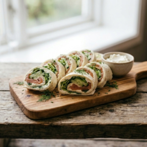 Mini totortilla m/ laks og Philadelphia ost, salat, agurk