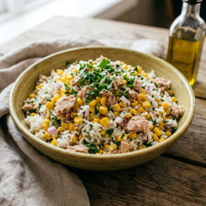 Ris, mais, tunfisk, løk og persille salat
