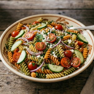 Pasta salad m/agurk, cherrytomat og rødløk