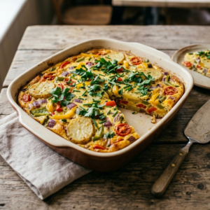 Frittata, spansk omelett m/paprika, løk, poteter, tomat.